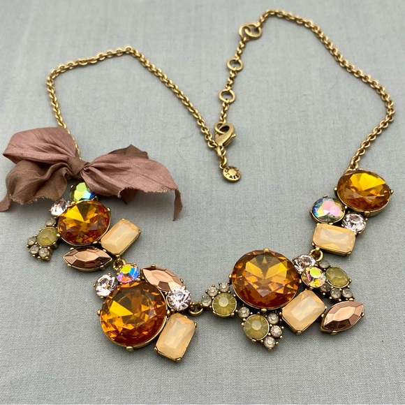 J. Crew Amber & Clear Crystal Cluster Necklace With Brown Bow Accent - Picture 3 of 12